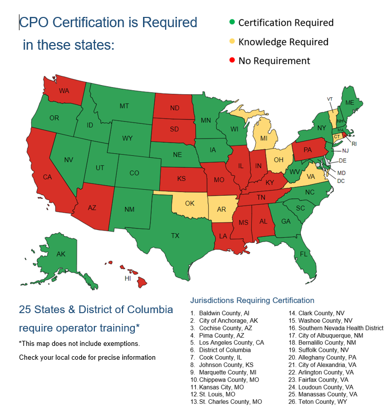 CPO Certification Map - What states require a Certified Pool Operator license